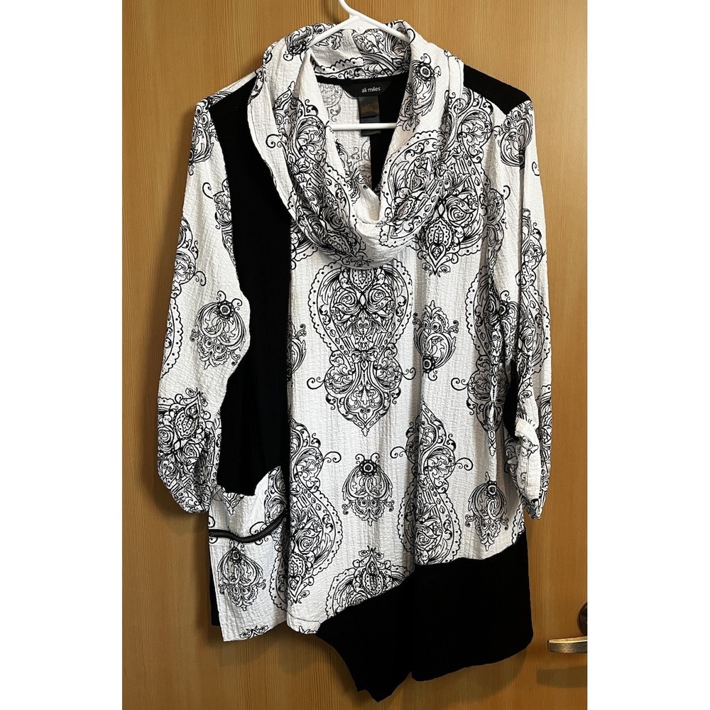 Ali Miles Tunic Womens Medium Black White Paisley Cowl Neck Asymmetrical Pocket
